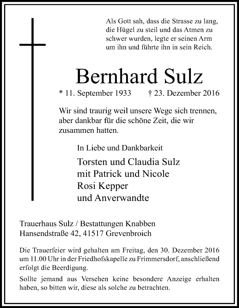  Traueranzeige für Bernhard Sulz vom 28.12.2016 aus Kölner Stadt-Anzeiger / Kölnische Rundschau / Express