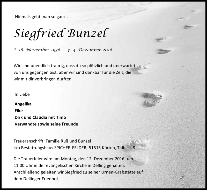  Traueranzeige für Siegfried Bunzel vom 08.12.2016 aus Kölner Stadt-Anzeiger / Kölnische Rundschau / Express