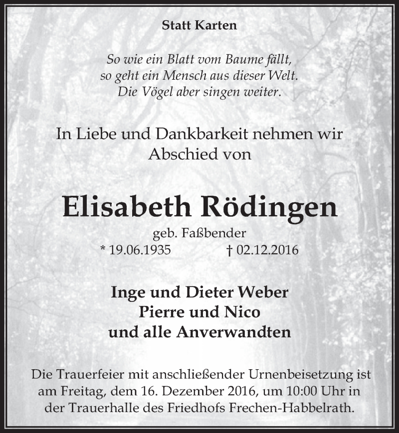  Traueranzeige für Elisabeth Rödingen vom 10.12.2016 aus  Sonntags-Post 