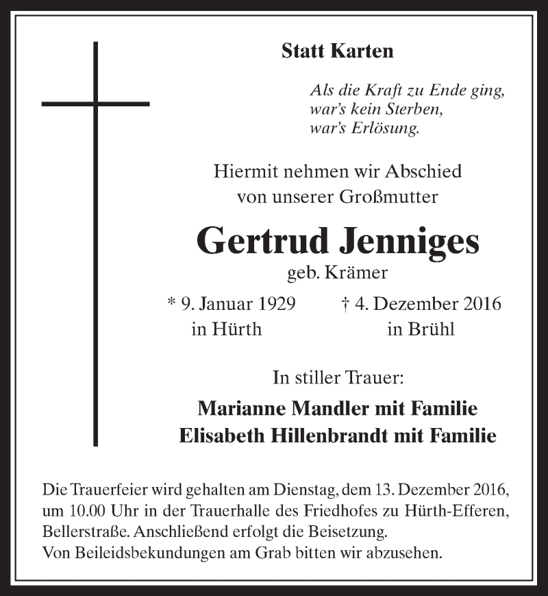  Traueranzeige für Gertrud Jenniges vom 10.12.2016 aus  Sonntags-Post 