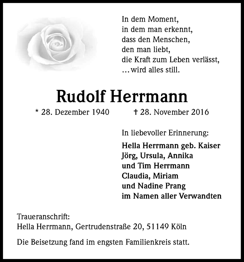  Traueranzeige für Rudolf Herrmann vom 07.12.2016 aus Kölner Stadt-Anzeiger / Kölnische Rundschau / Express