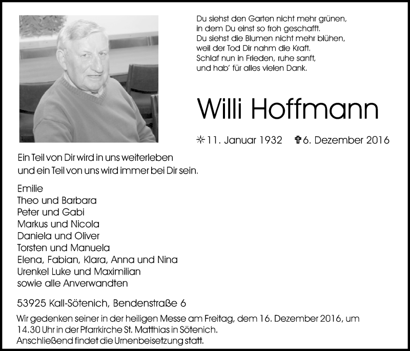  Traueranzeige für Willi Hoffmann vom 10.12.2016 aus  Blickpunkt Euskirchen 
