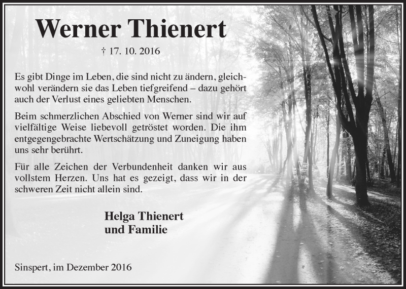  Traueranzeige für Werner Thienert vom 14.12.2016 aus  Anzeigen Echo 