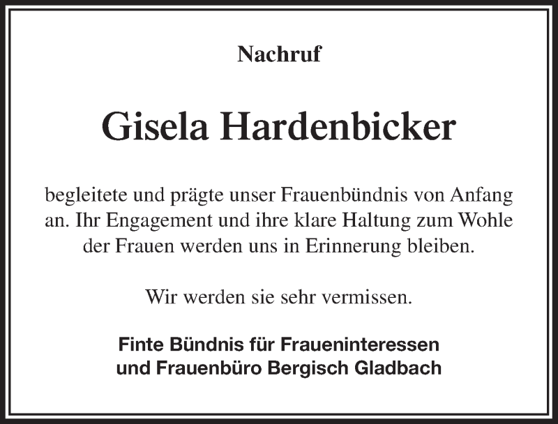  Traueranzeige für Gisela Hardenbicker vom 21.12.2016 aus  Bergisches Handelsblatt 