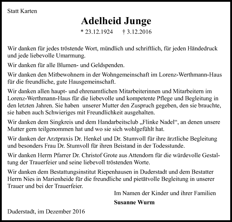  Traueranzeige für Adelheid Junge vom 17.12.2016 aus Kölner Stadt-Anzeiger / Kölnische Rundschau / Express
