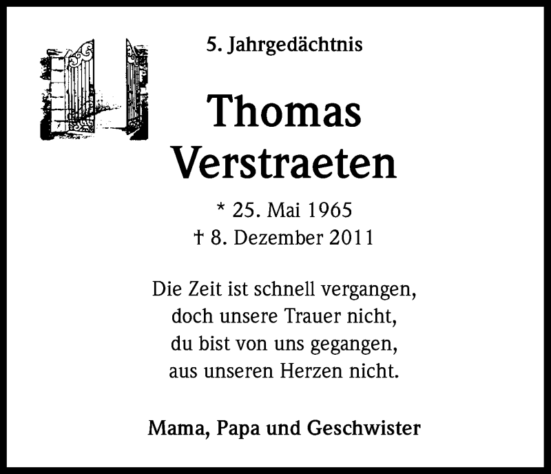  Traueranzeige für Thomas Verstraeten vom 08.12.2016 aus Kölner Stadt-Anzeiger / Kölnische Rundschau / Express