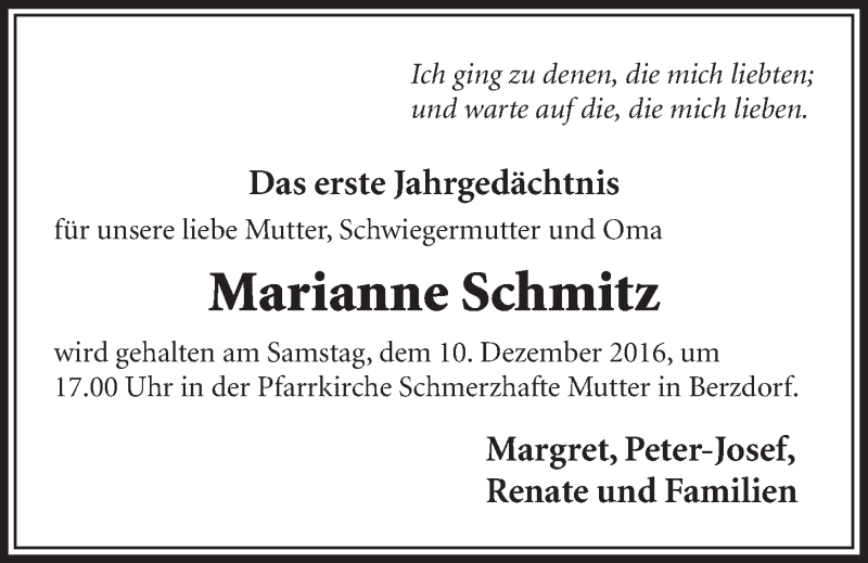  Traueranzeige für Marianne Schmitz vom 07.12.2016 aus  Schlossbote/Werbekurier 