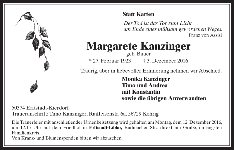  Traueranzeige für Margarete Kanzinger vom 07.12.2016 aus  Werbepost 