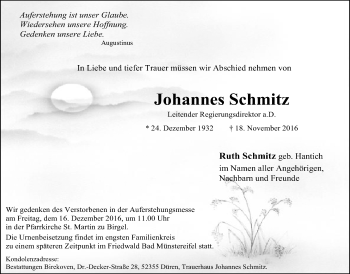 Anzeige von Johannes Schmitz von  Blickpunkt Euskirchen 