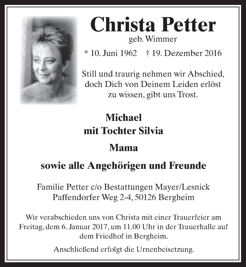 Traueranzeige für Christa Petter vom 28.12.2016 aus  Werbepost 