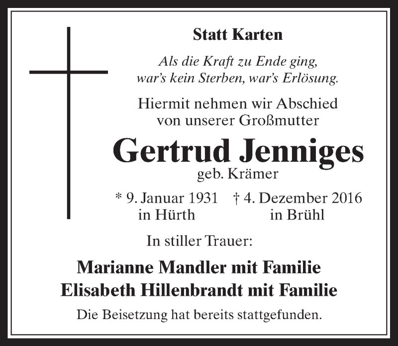  Traueranzeige für Gertrud Jenniges vom 14.12.2016 aus  Wochenende 
