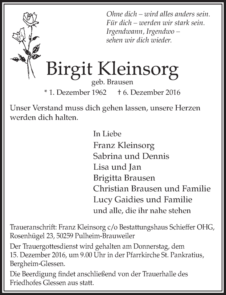  Traueranzeige für Birgit Kleinsorg vom 10.12.2016 aus  Sonntags-Post 