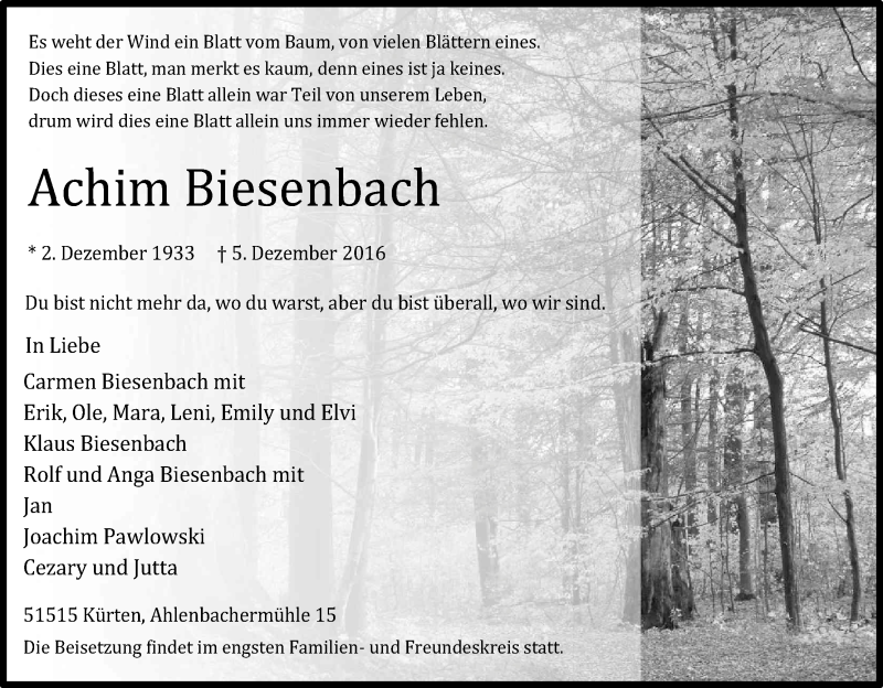  Traueranzeige für Achim Biesenbach vom 09.12.2016 aus Kölner Stadt-Anzeiger / Kölnische Rundschau / Express