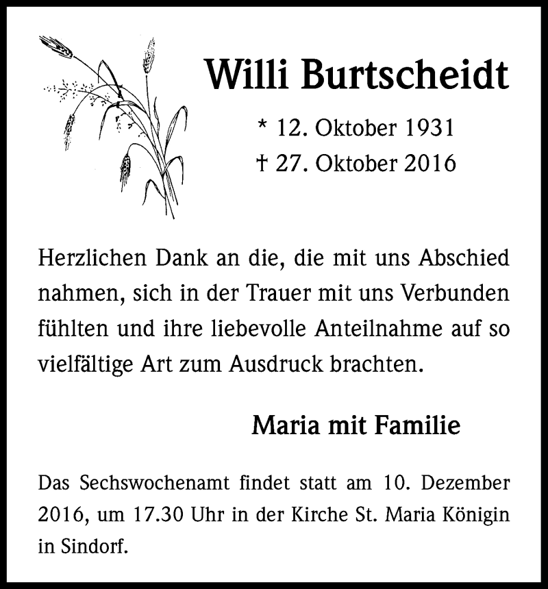 Traueranzeige für Willi Burtscheidt vom 09.12.2016 aus Kölner Stadt-Anzeiger / Kölnische Rundschau / Express