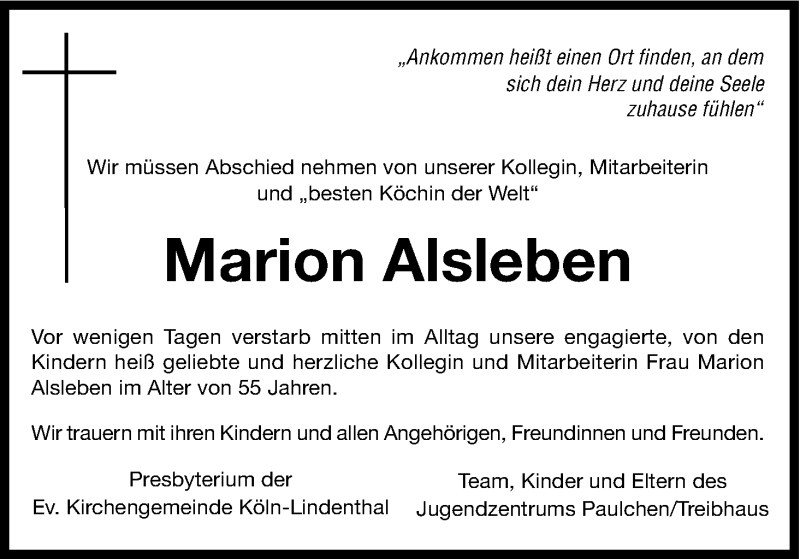  Traueranzeige für Marion Alsleben vom 08.12.2016 aus Kölner Stadt-Anzeiger / Kölnische Rundschau / Express