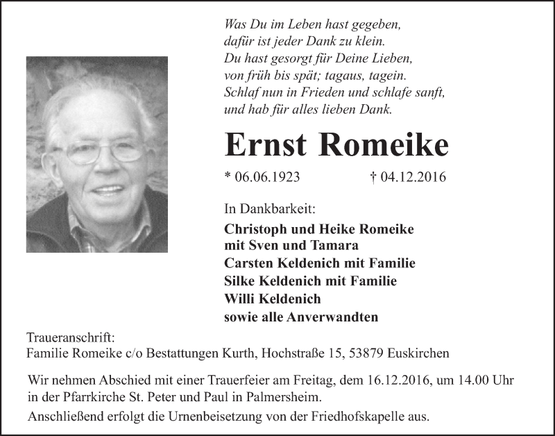  Traueranzeige für Ernst Romeike vom 10.12.2016 aus  Blickpunkt Euskirchen 