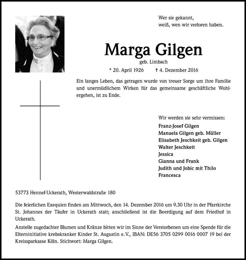  Traueranzeige für Marga Gilgen vom 08.12.2016 aus Kölner Stadt-Anzeiger / Kölnische Rundschau / Express