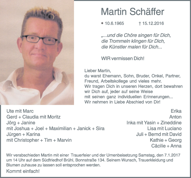  Traueranzeige für Martin Schäffer vom 28.12.2016 aus  Schlossbote/Werbekurier 