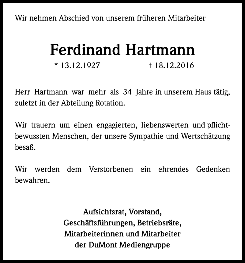  Traueranzeige für Ferdinand Hartmann vom 24.12.2016 aus Kölner Stadt-Anzeiger / Kölnische Rundschau / Express