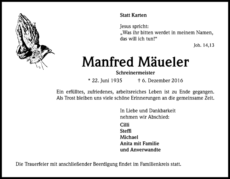  Traueranzeige für Manfred Mäueler vom 10.12.2016 aus Kölner Stadt-Anzeiger / Kölnische Rundschau / Express