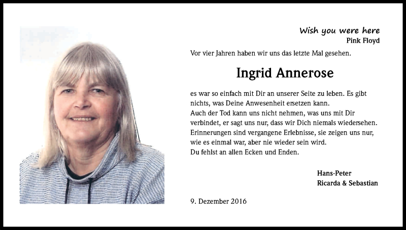  Traueranzeige für Ingrid Annerose vom 09.12.2016 aus Kölner Stadt-Anzeiger / Kölnische Rundschau / Express