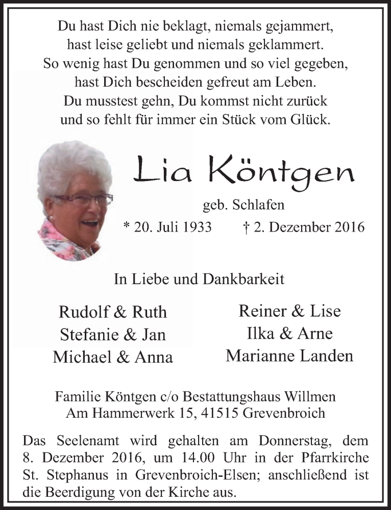  Traueranzeige für Lia Köntgen vom 07.12.2016 aus  Werbepost 