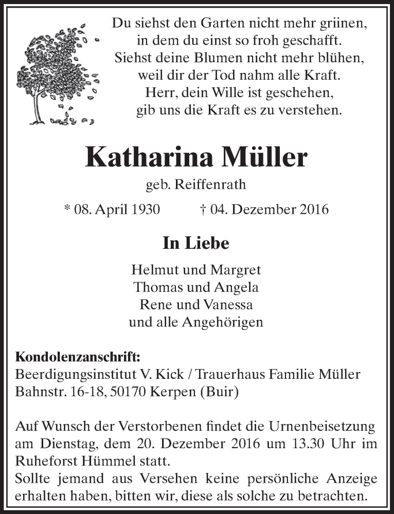  Traueranzeige für Katharina Müller vom 10.12.2016 aus  Sonntags-Post 