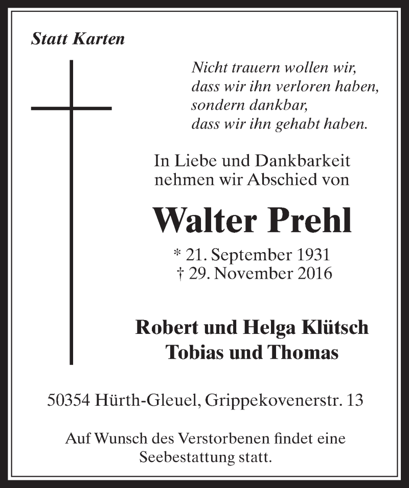  Traueranzeige für Walter Prehl vom 07.12.2016 aus  Wochenende 