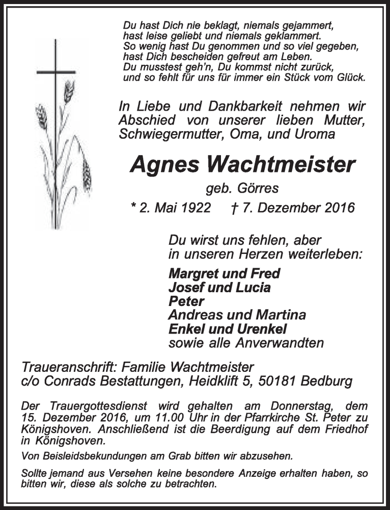 Traueranzeige für Agnes Wachtmeister vom 10.12.2016 aus  Sonntags-Post 