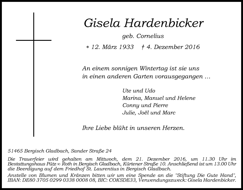  Traueranzeige für Gisela Hardenbicker vom 10.12.2016 aus Kölner Stadt-Anzeiger / Kölnische Rundschau / Express