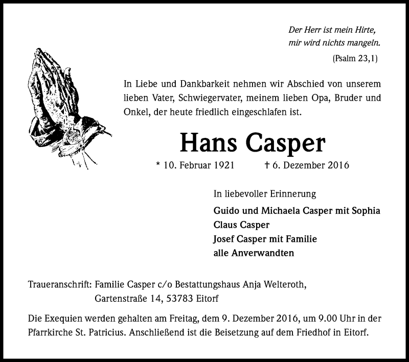  Traueranzeige für Hans Casper vom 08.12.2016 aus Kölner Stadt-Anzeiger / Kölnische Rundschau / Express