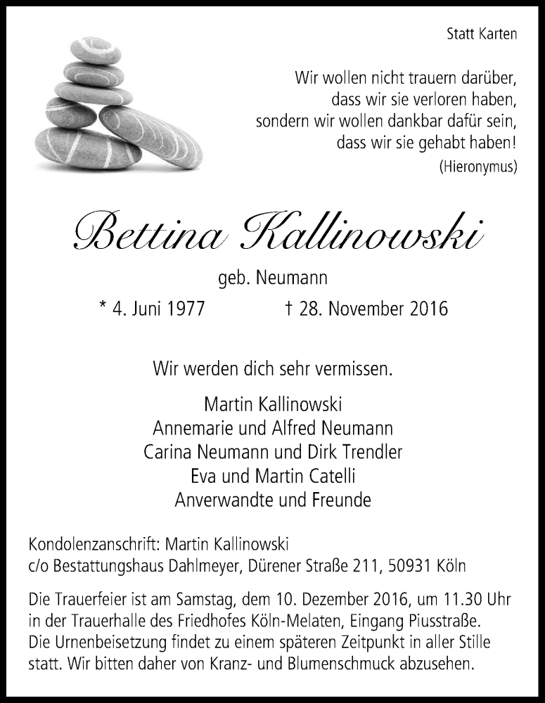  Traueranzeige für Bettina Kallinowski vom 03.12.2016 aus Kölner Stadt-Anzeiger / Kölnische Rundschau / Express