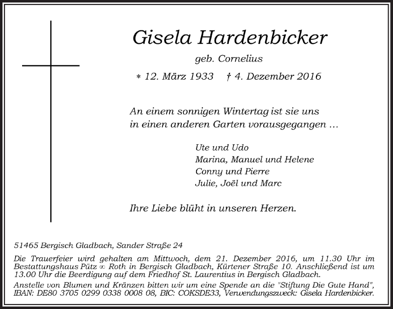  Traueranzeige für Gisela Hardenbicker vom 10.12.2016 aus  Bergisches Sonntagsblatt 