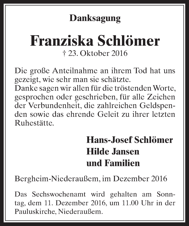  Traueranzeige für Franziska Schlömer vom 07.12.2016 aus  Werbepost 