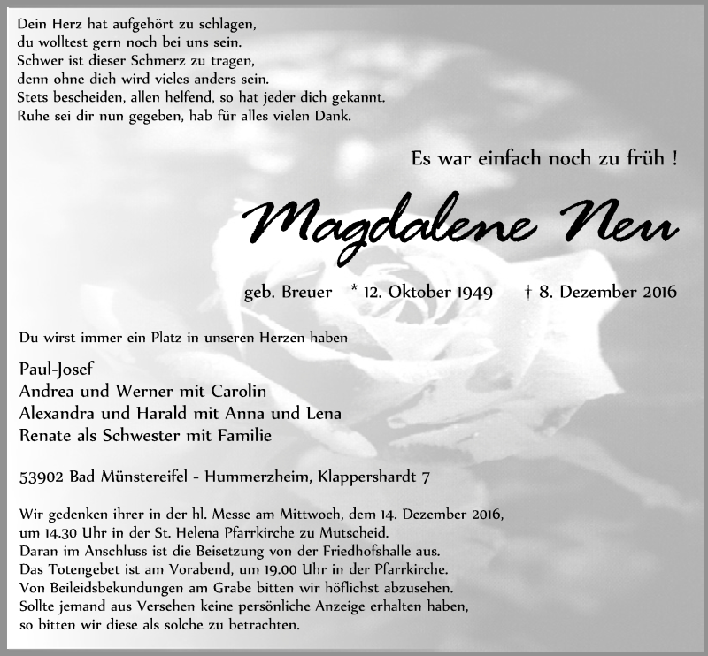  Traueranzeige für Magdalene Neu vom 10.12.2016 aus  Blickpunkt Euskirchen 