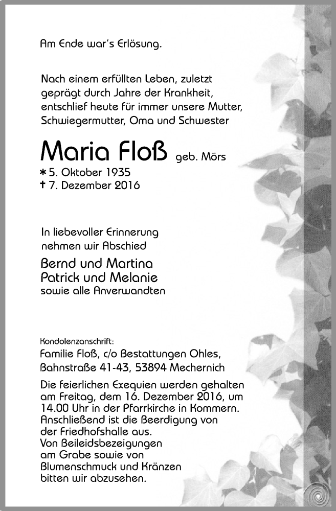  Traueranzeige für Maria Floß vom 10.12.2016 aus  Blickpunkt Euskirchen 