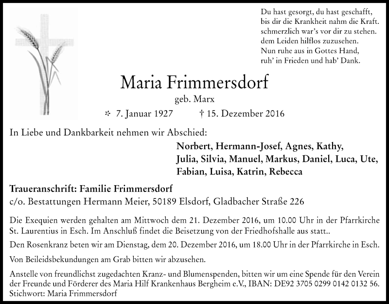 Traueranzeige für Maria Frimmersdorf vom 17.12.2016 aus Kölner Stadt-Anzeiger / Kölnische Rundschau / Express
