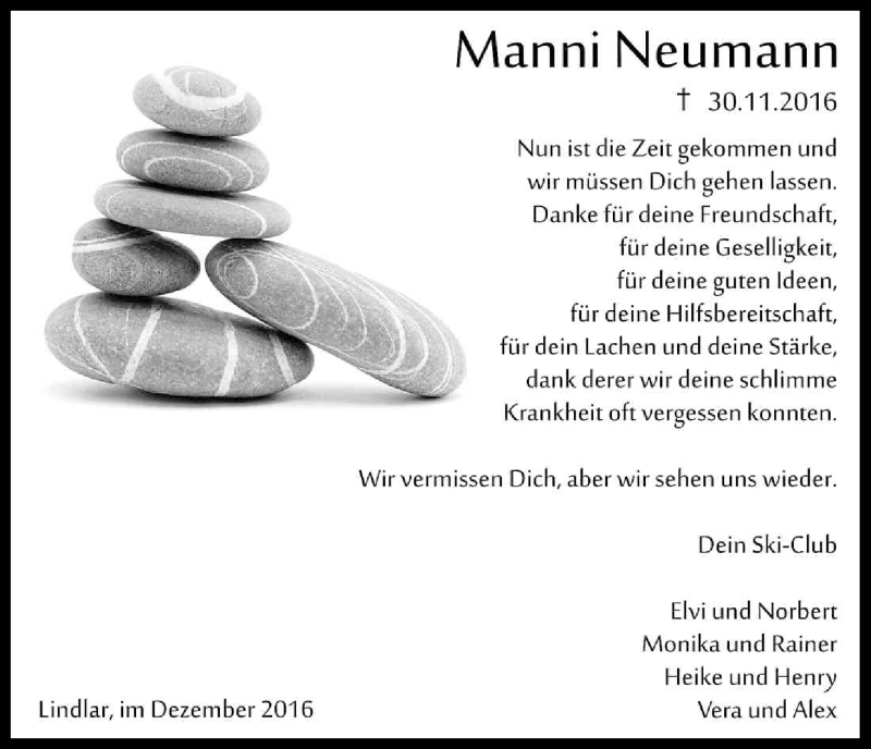  Traueranzeige für Manni Neumann vom 08.12.2016 aus Kölner Stadt-Anzeiger / Kölnische Rundschau / Express