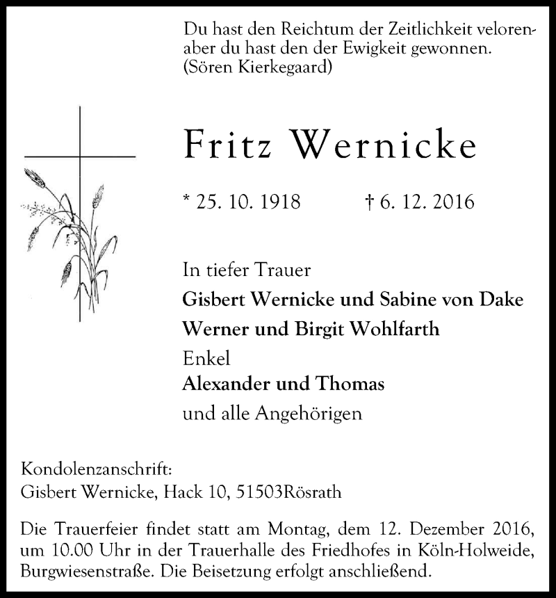  Traueranzeige für Fritz Wernicke vom 08.12.2016 aus Kölner Stadt-Anzeiger / Kölnische Rundschau / Express