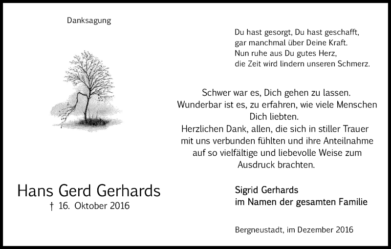  Traueranzeige für Hans Gerd Gerhards vom 24.12.2016 aus Kölner Stadt-Anzeiger / Kölnische Rundschau / Express