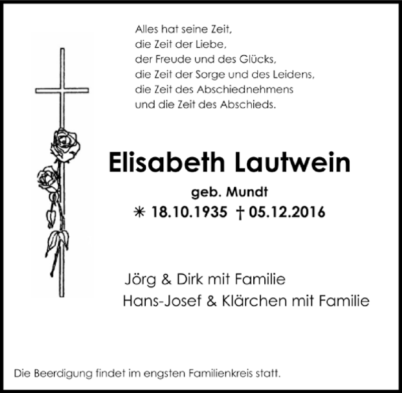 Traueranzeige für Elisabeth Lautwein vom 10.12.2016 aus  Blickpunkt Euskirchen 