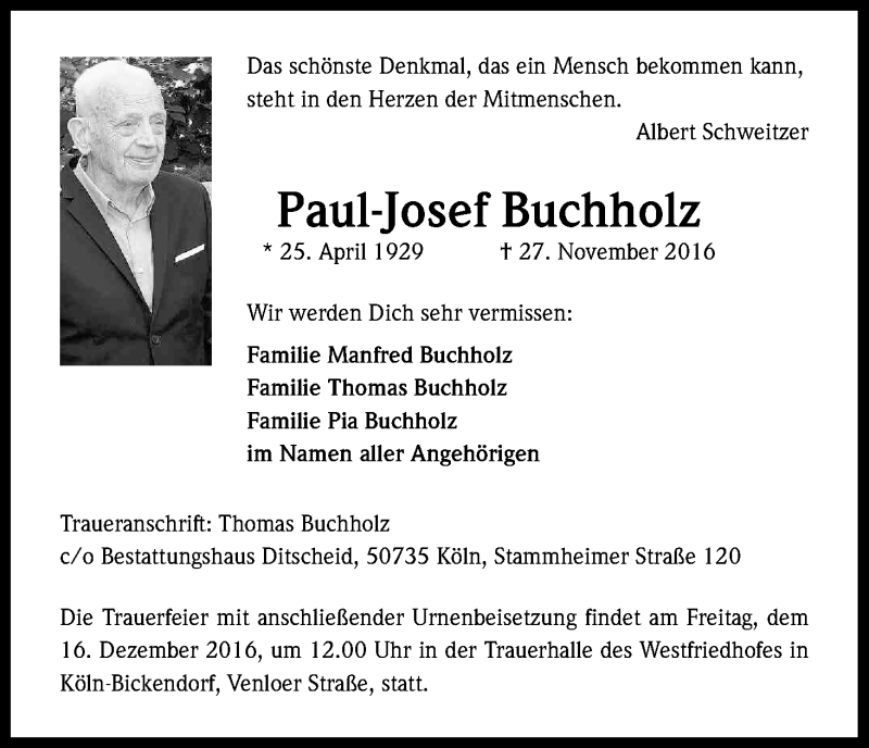  Traueranzeige für Paul-Josef Buchholz vom 09.12.2016 aus Kölner Stadt-Anzeiger / Kölnische Rundschau / Express