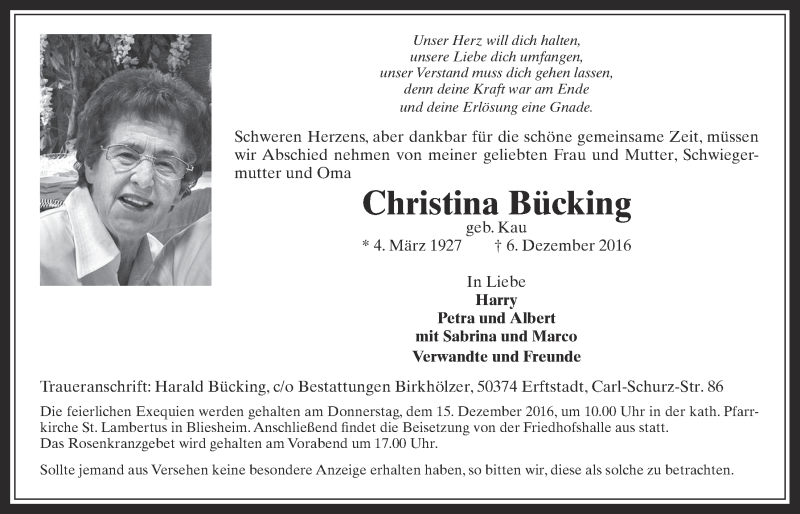 Traueranzeige für Christina Bücking vom 10.12.2016 aus  Sonntags-Post 