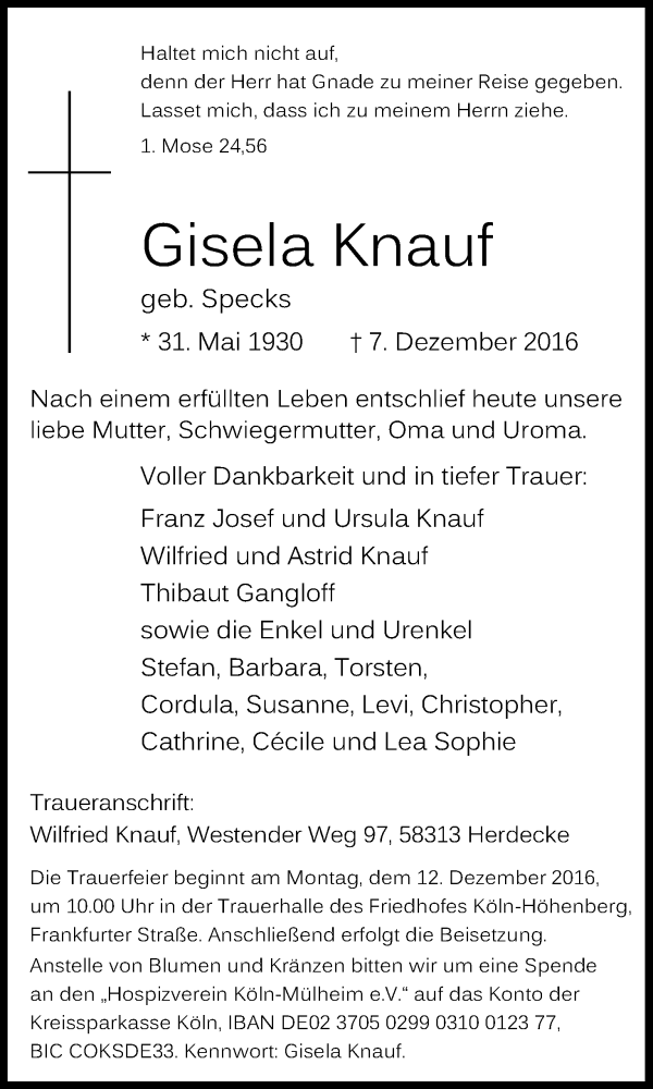  Traueranzeige für Gisela Knauf vom 09.12.2016 aus Kölner Stadt-Anzeiger / Kölnische Rundschau / Express