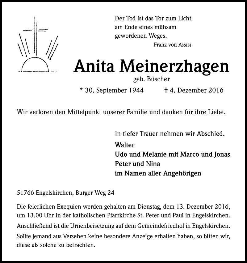  Traueranzeige für Anita Meinerzhagen vom 07.12.2016 aus Kölner Stadt-Anzeiger / Kölnische Rundschau / Express