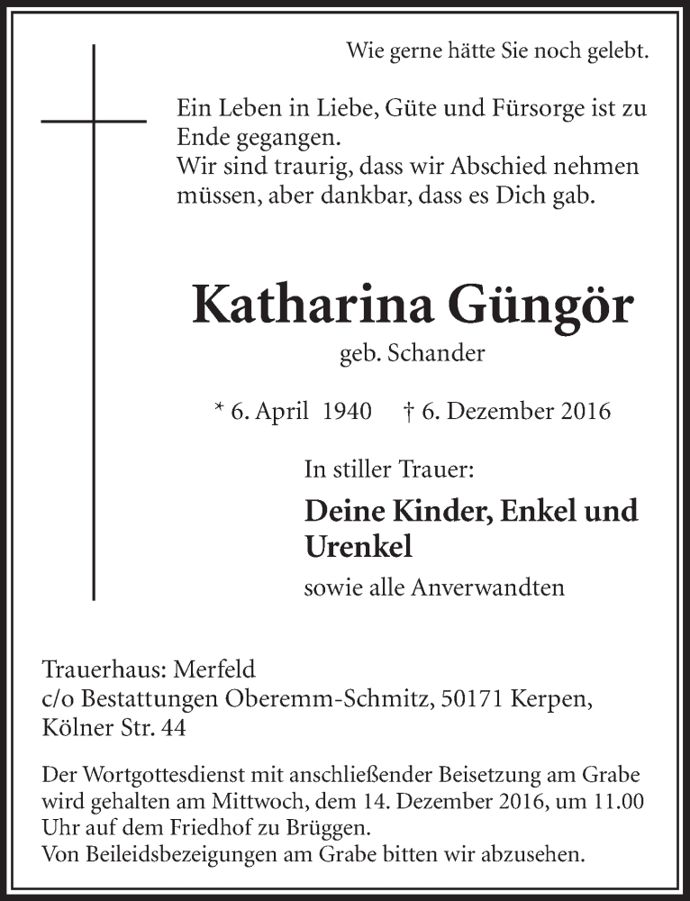  Traueranzeige für Katharina Güngör vom 10.12.2016 aus  Sonntags-Post 