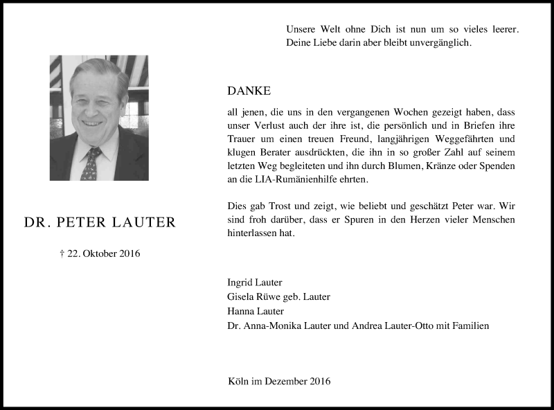  Traueranzeige für Peter Lauter vom 17.12.2016 aus Kölner Stadt-Anzeiger / Kölnische Rundschau / Express