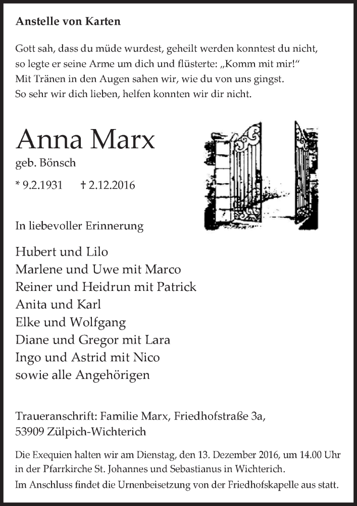  Traueranzeige für Anna Marx vom 10.12.2016 aus  Blickpunkt Euskirchen  Sonntags-Post 