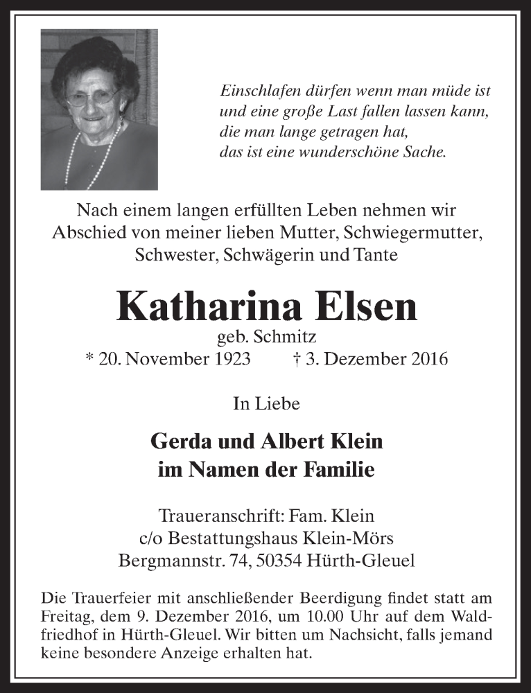  Traueranzeige für Katharina Elsen vom 07.12.2016 aus  Wochenende 