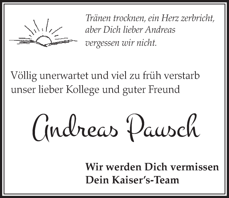  Traueranzeige für Andreas Pausch vom 07.12.2016 aus  Schlossbote/Werbekurier 